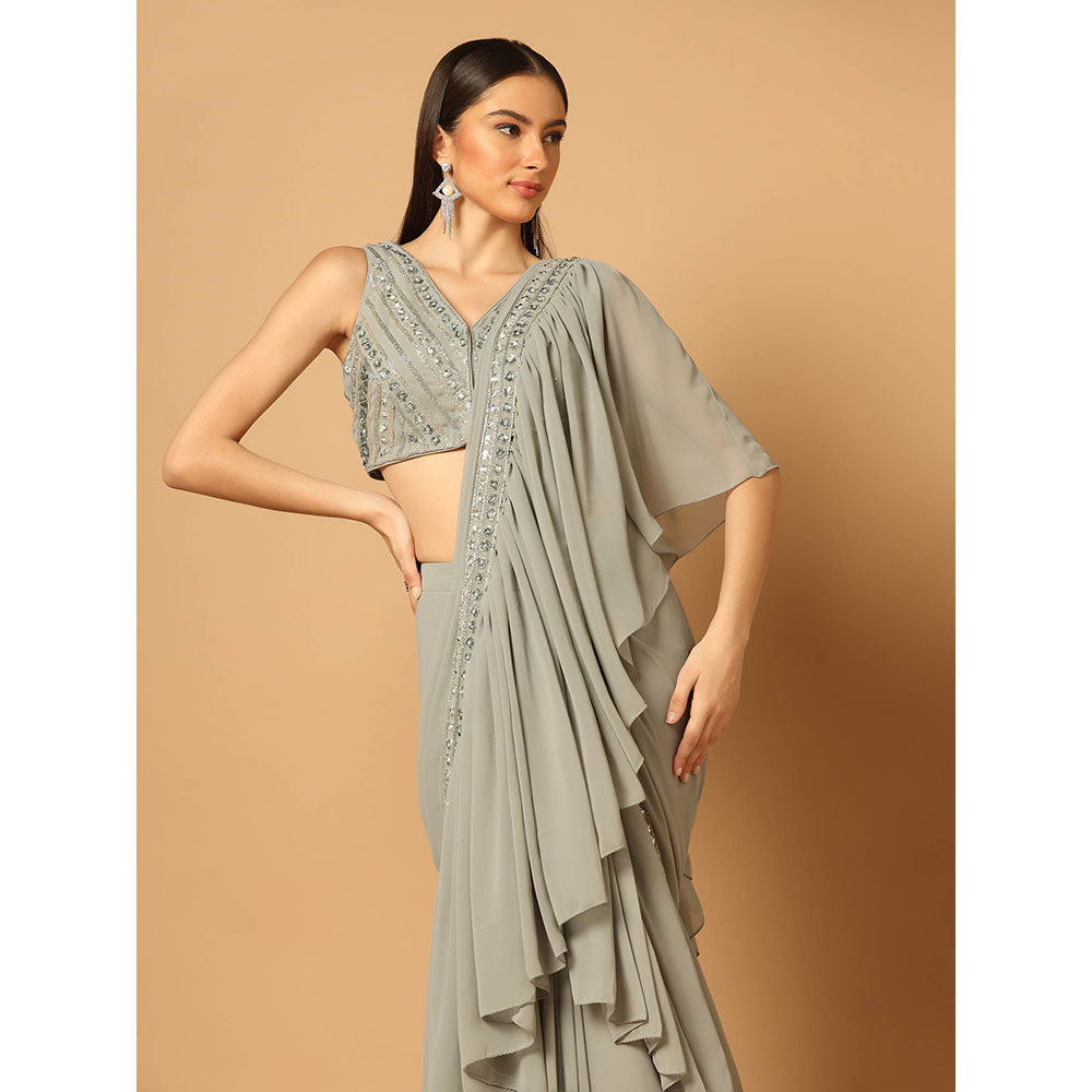 "Two Sisters" by Gyans Grey Ruffled Draped Saree with Stitched Blouse