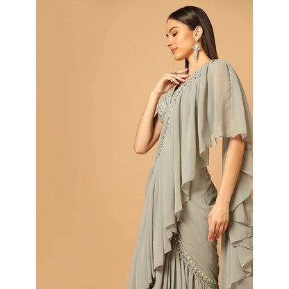 "Two Sisters" by Gyans Grey Ruffled Draped Saree with Stitched Blouse