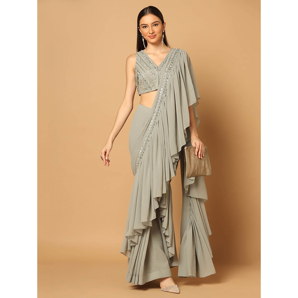 "Two Sisters" by Gyans Grey Ruffled Draped Saree with Stitched Blouse