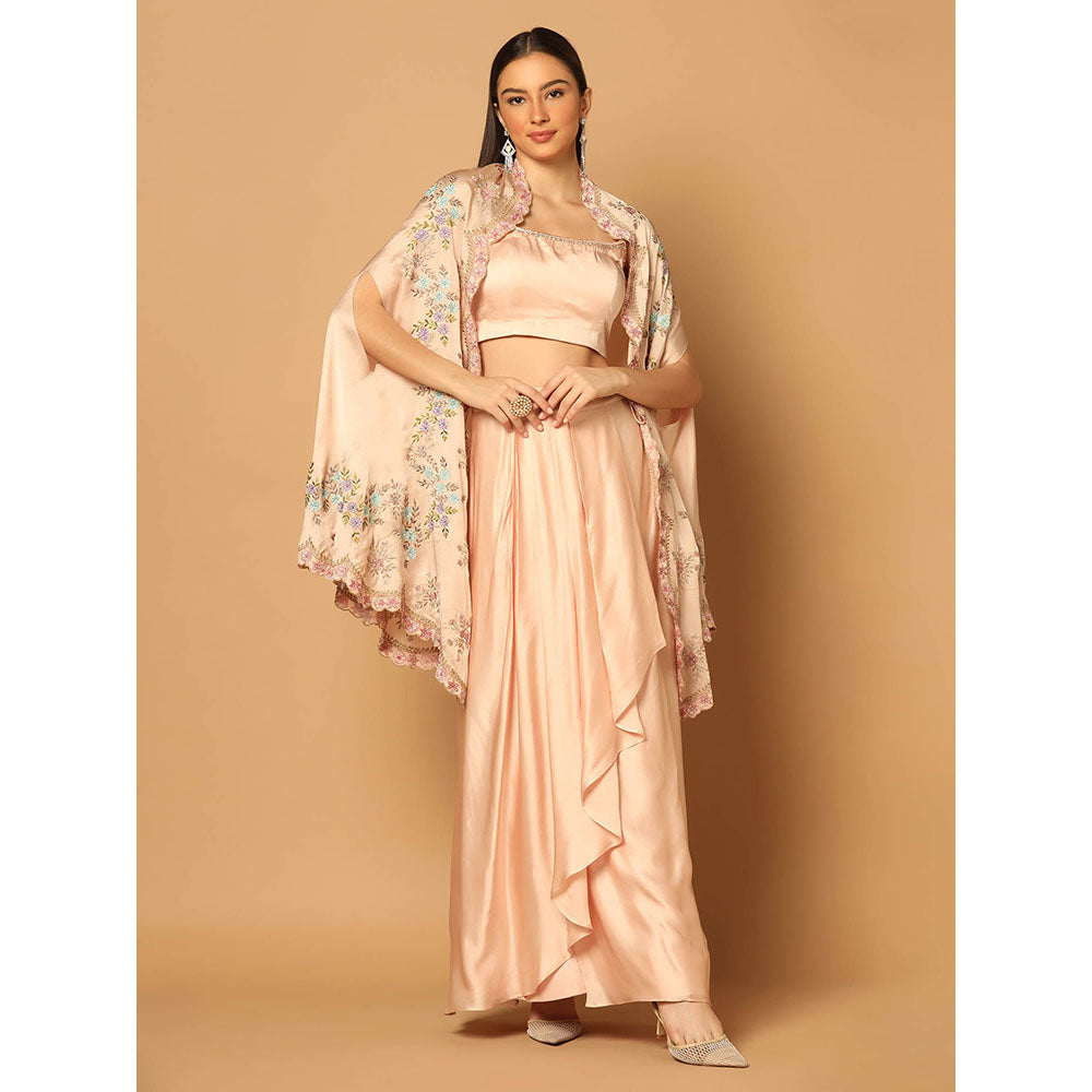 "Two Sisters" by Gyans Peach Embroidered Cape with Skirt and Blouse (Set of 3)