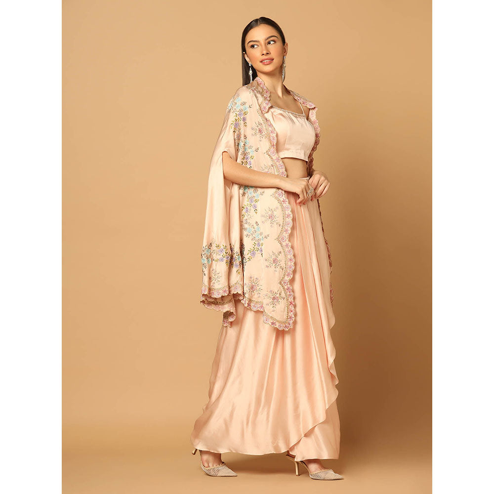 "Two Sisters" by Gyans Peach Embroidered Cape with Skirt and Blouse (Set of 3)