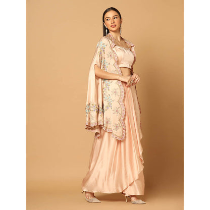 "Two Sisters" by Gyans Peach Embroidered Cape with Skirt and Blouse (Set of 3)