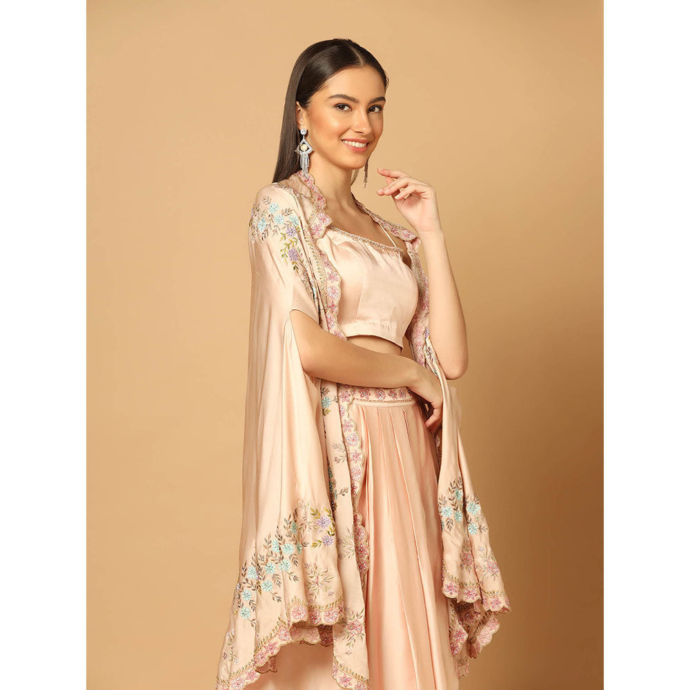 "Two Sisters" by Gyans Peach Embroidered Cape with Skirt and Blouse (Set of 3)