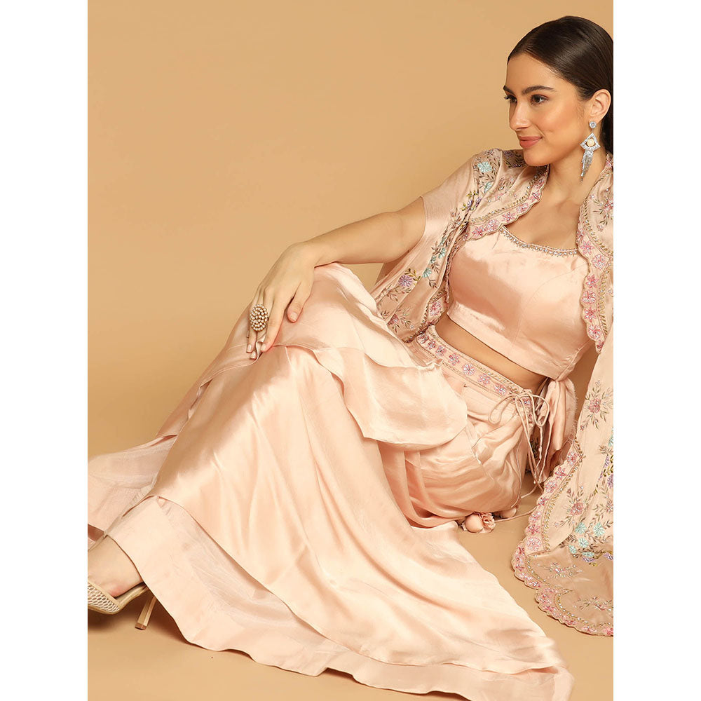 "Two Sisters" by Gyans Peach Embroidered Cape with Skirt and Blouse (Set of 3)