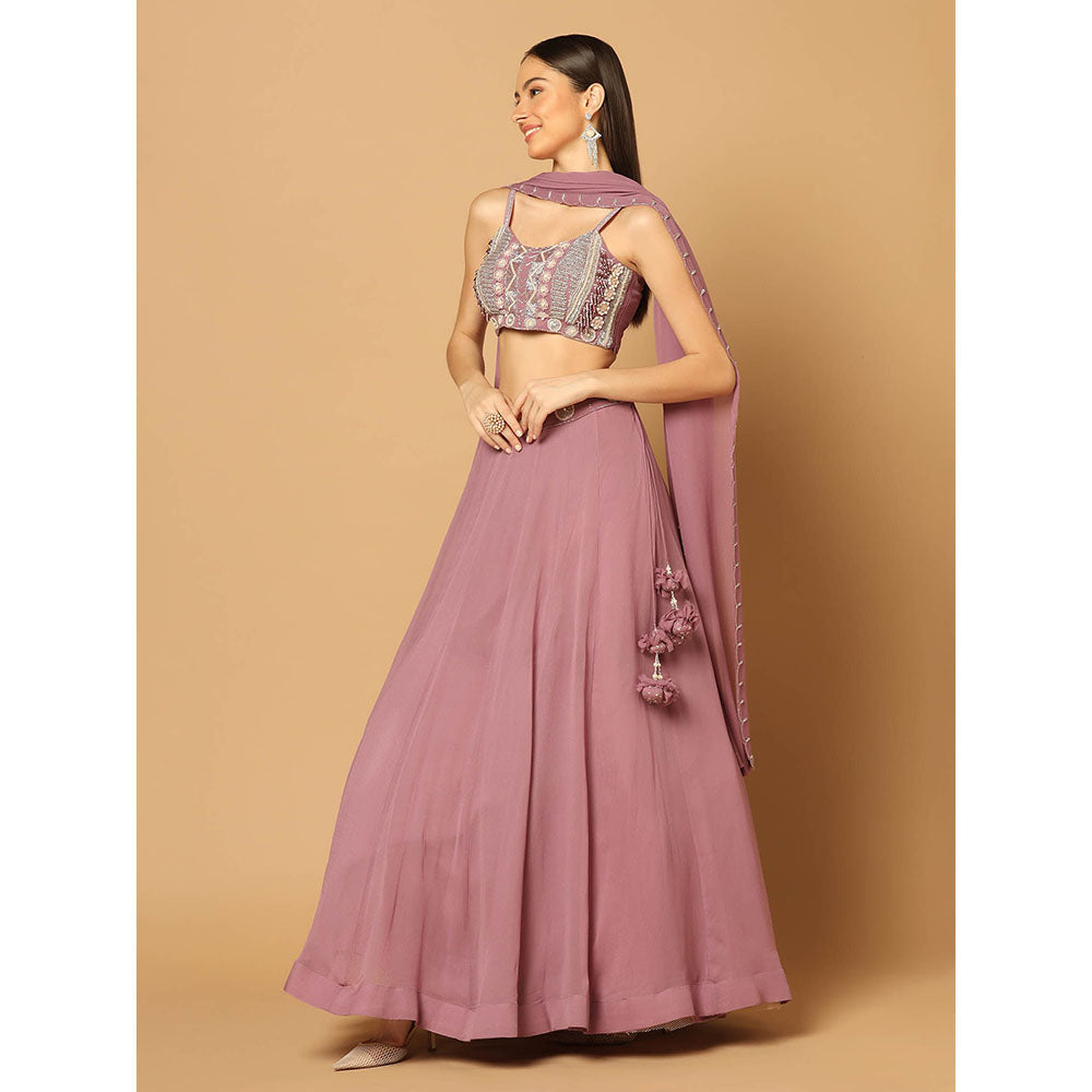 "Two Sisters" by Gyans Dark Pink Embroidered Lehenga with Blouse and Dupatta (Set of 3)