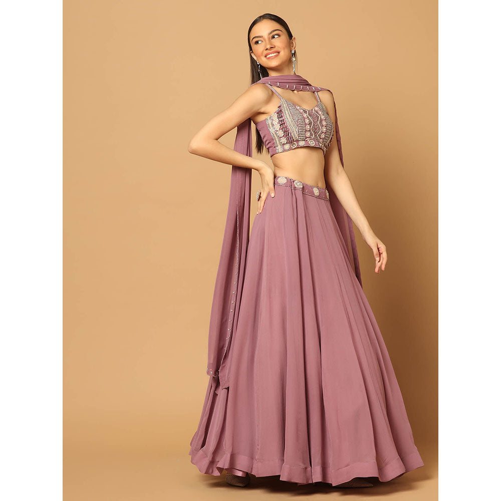 "Two Sisters" by Gyans Dark Pink Embroidered Lehenga with Blouse and Dupatta (Set of 3)