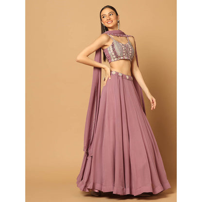 "Two Sisters" by Gyans Dark Pink Embroidered Lehenga with Blouse and Dupatta (Set of 3)