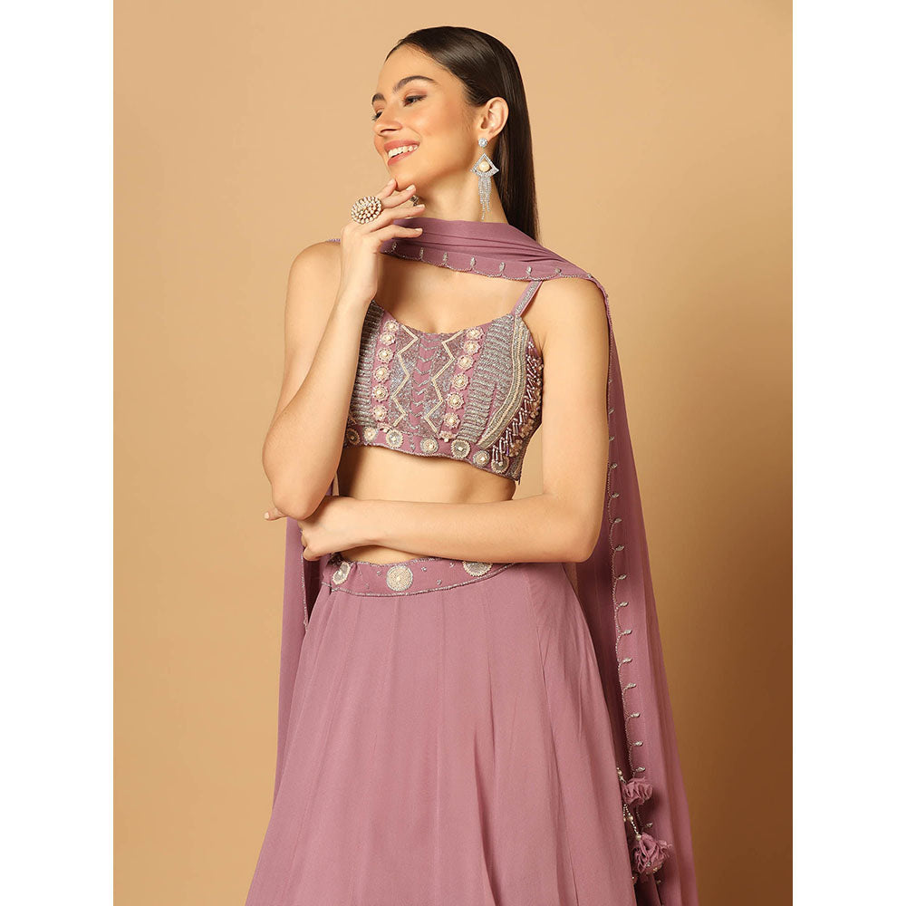 "Two Sisters" by Gyans Dark Pink Embroidered Lehenga with Blouse and Dupatta (Set of 3)