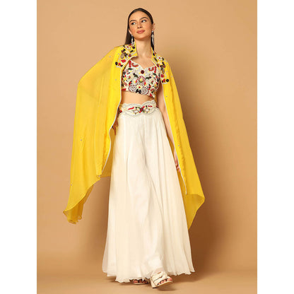 "Two Sisters" by Gyans White and Yellow Cape with Sharara and Crop Top (Set of 3)