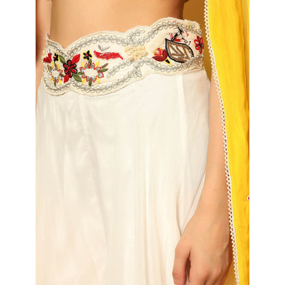 "Two Sisters" by Gyans White and Yellow Cape with Sharara and Crop Top (Set of 3)