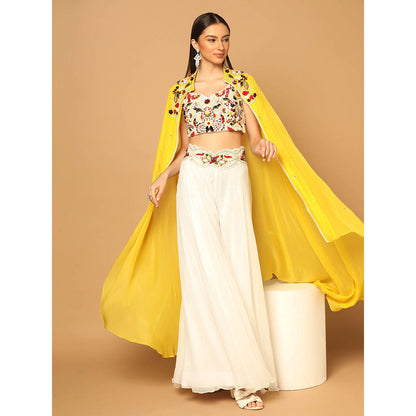 "Two Sisters" by Gyans White and Yellow Cape with Sharara and Crop Top (Set of 3)