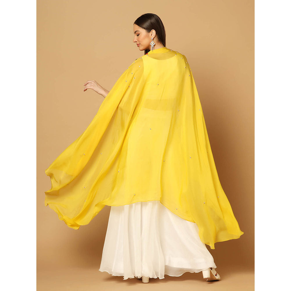 "Two Sisters" by Gyans White and Yellow Cape with Sharara and Crop Top (Set of 3)
