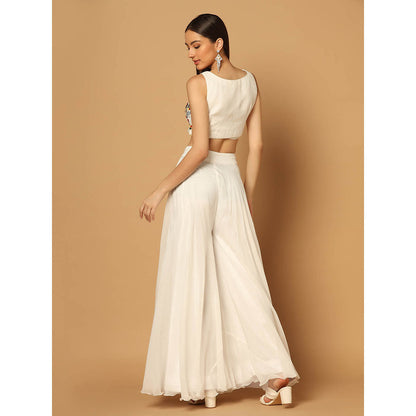 "Two Sisters" by Gyans White and Yellow Cape with Sharara and Crop Top (Set of 3)