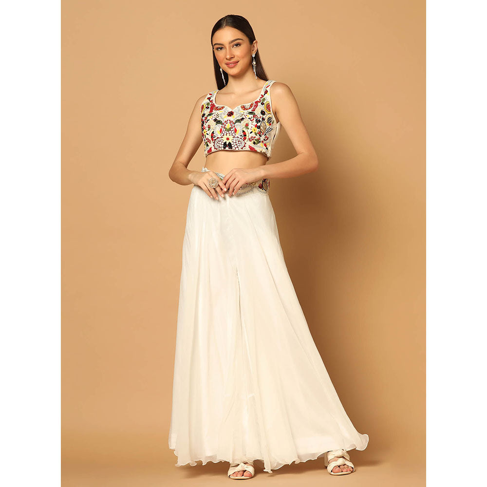 "Two Sisters" by Gyans White and Yellow Cape with Sharara and Crop Top (Set of 3)