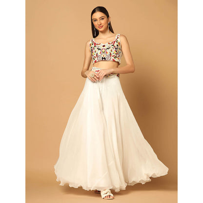 "Two Sisters" by Gyans White and Yellow Cape with Sharara and Crop Top (Set of 3)