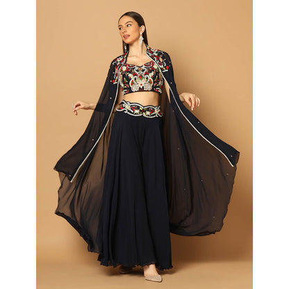 "Two Sisters" by Gyans Navy Blue Cape with Sharara and Blouse (Set of 3)