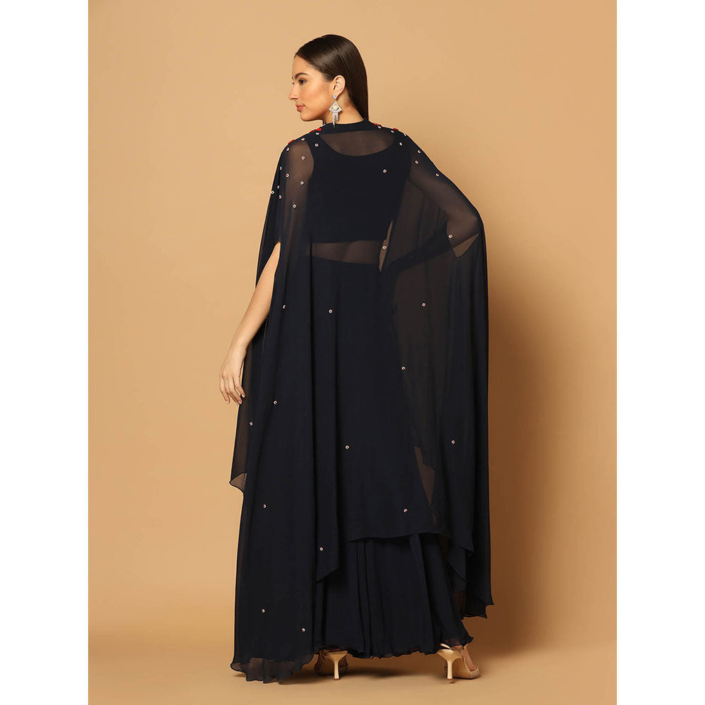 "Two Sisters" by Gyans Navy Blue Cape with Sharara and Blouse (Set of 3)