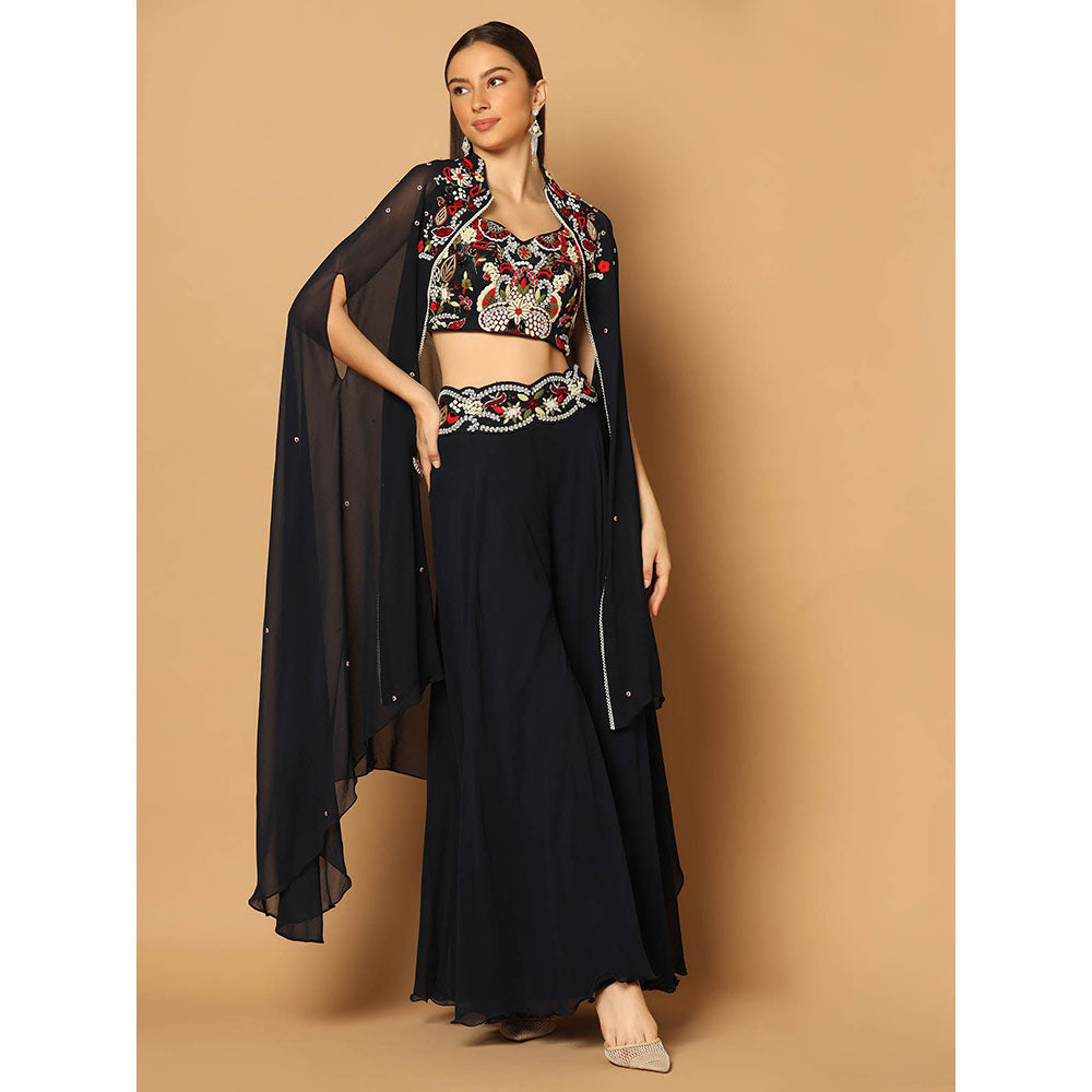 "Two Sisters" by Gyans Navy Blue Cape with Sharara and Blouse (Set of 3)