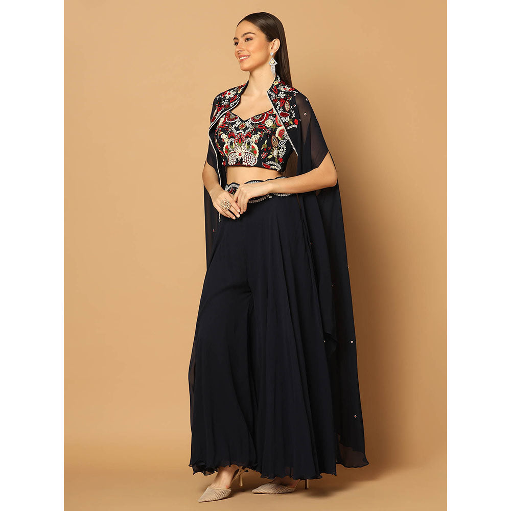 "Two Sisters" by Gyans Navy Blue Cape with Sharara and Blouse (Set of 3)