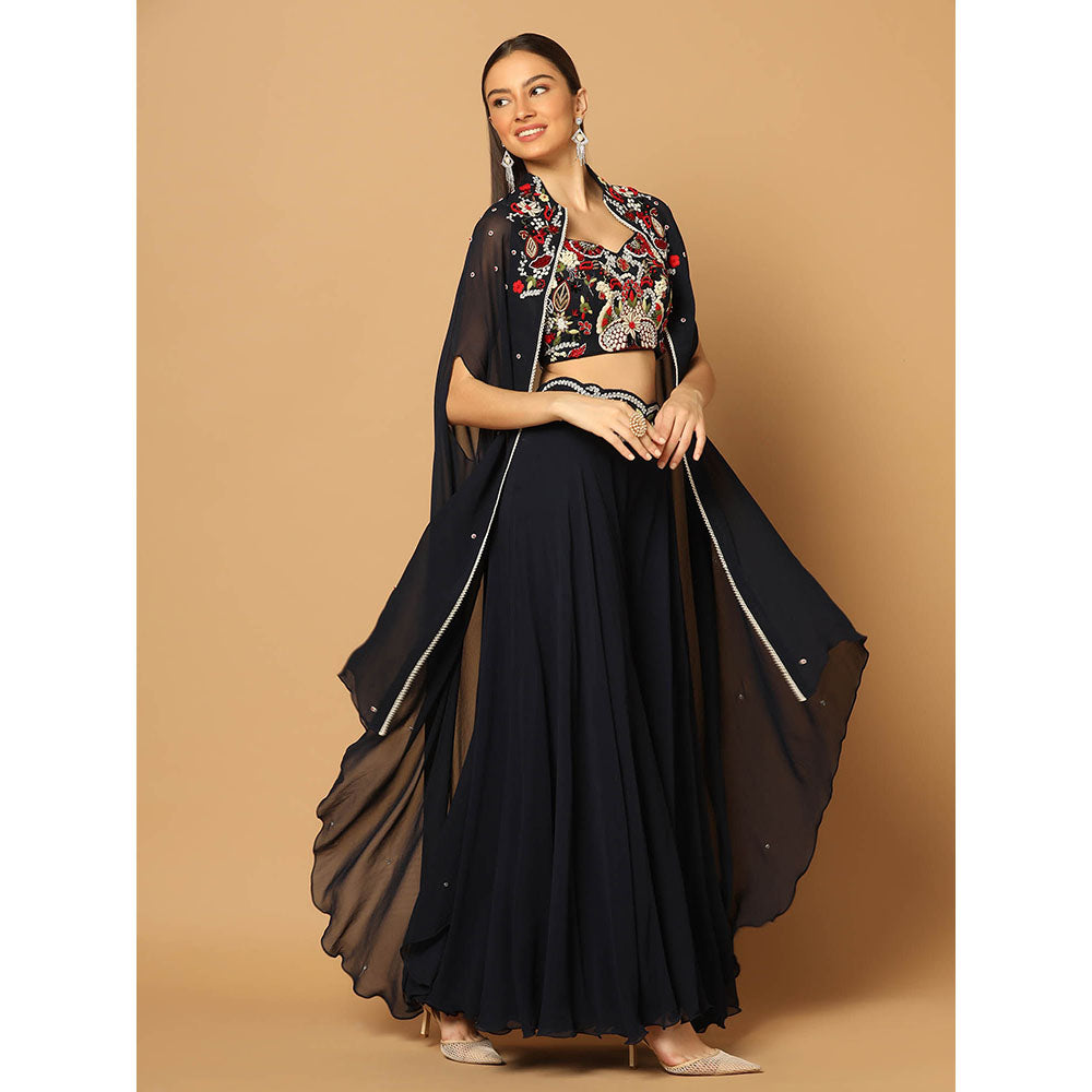 "Two Sisters" by Gyans Navy Blue Cape with Sharara and Blouse (Set of 3)