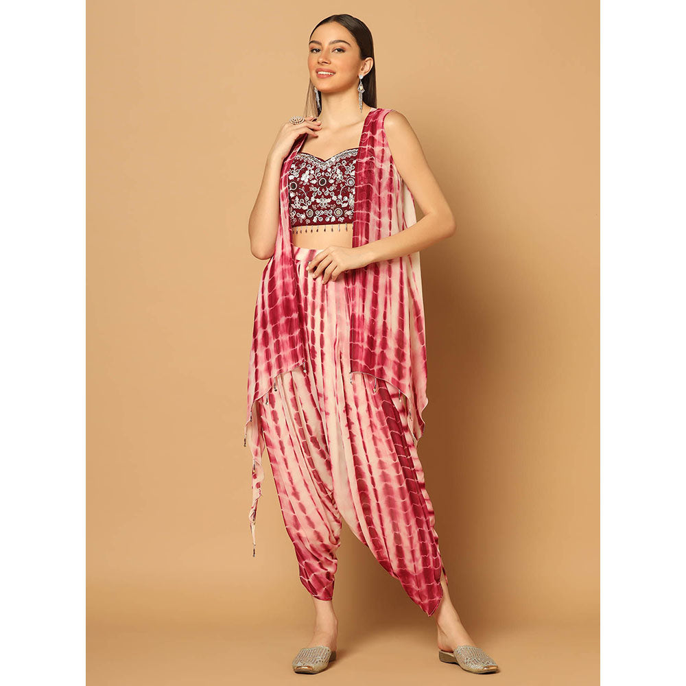 "Two Sisters" by Gyans Maroon Tie and Dye Dhoti with Cape and Bustier (Set of 3)