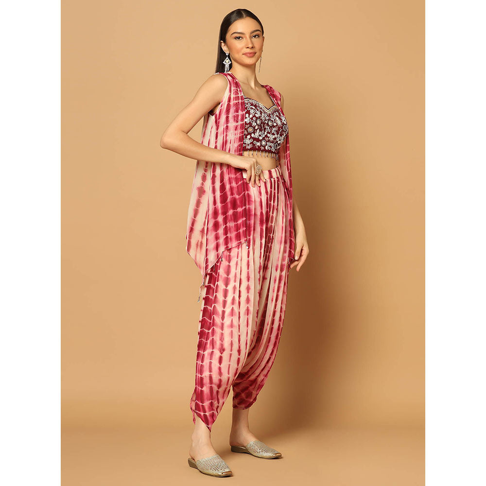 "Two Sisters" by Gyans Maroon Tie and Dye Dhoti with Cape and Bustier (Set of 3)