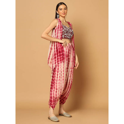 "Two Sisters" by Gyans Maroon Tie and Dye Dhoti with Cape and Bustier (Set of 3)