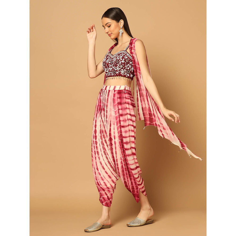 "Two Sisters" by Gyans Maroon Tie and Dye Dhoti with Cape and Bustier (Set of 3)