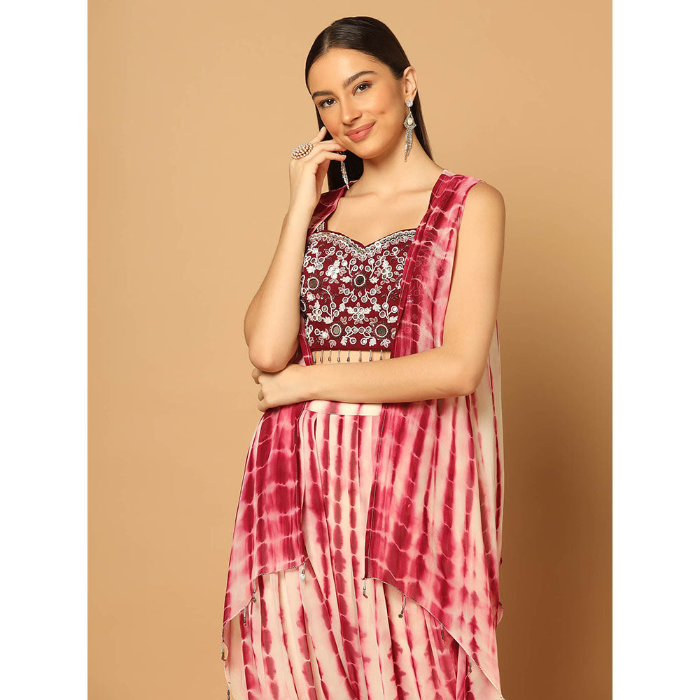 "Two Sisters" by Gyans Maroon Tie and Dye Dhoti with Cape and Bustier (Set of 3)