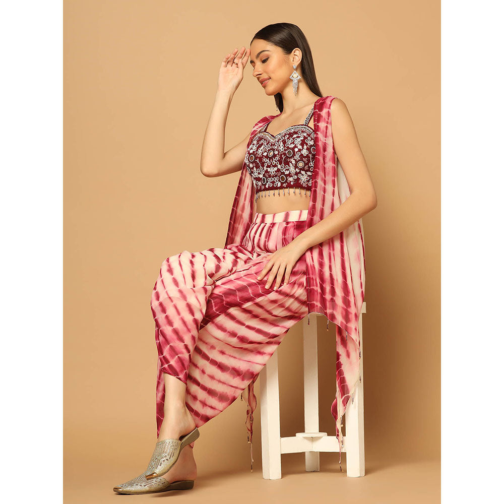 "Two Sisters" by Gyans Maroon Tie and Dye Dhoti with Cape and Bustier (Set of 3)