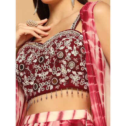 "Two Sisters" by Gyans Maroon Tie and Dye Dhoti with Cape and Bustier (Set of 3)