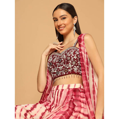 "Two Sisters" by Gyans Maroon Tie and Dye Dhoti with Cape and Bustier (Set of 3)