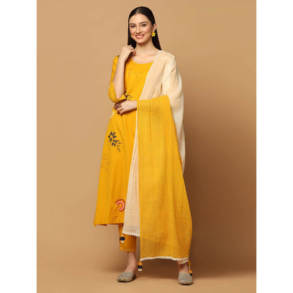 "Two Sisters" by Gyans Mustard Applique Kurta with Pant and Dupatta (Set of 3)