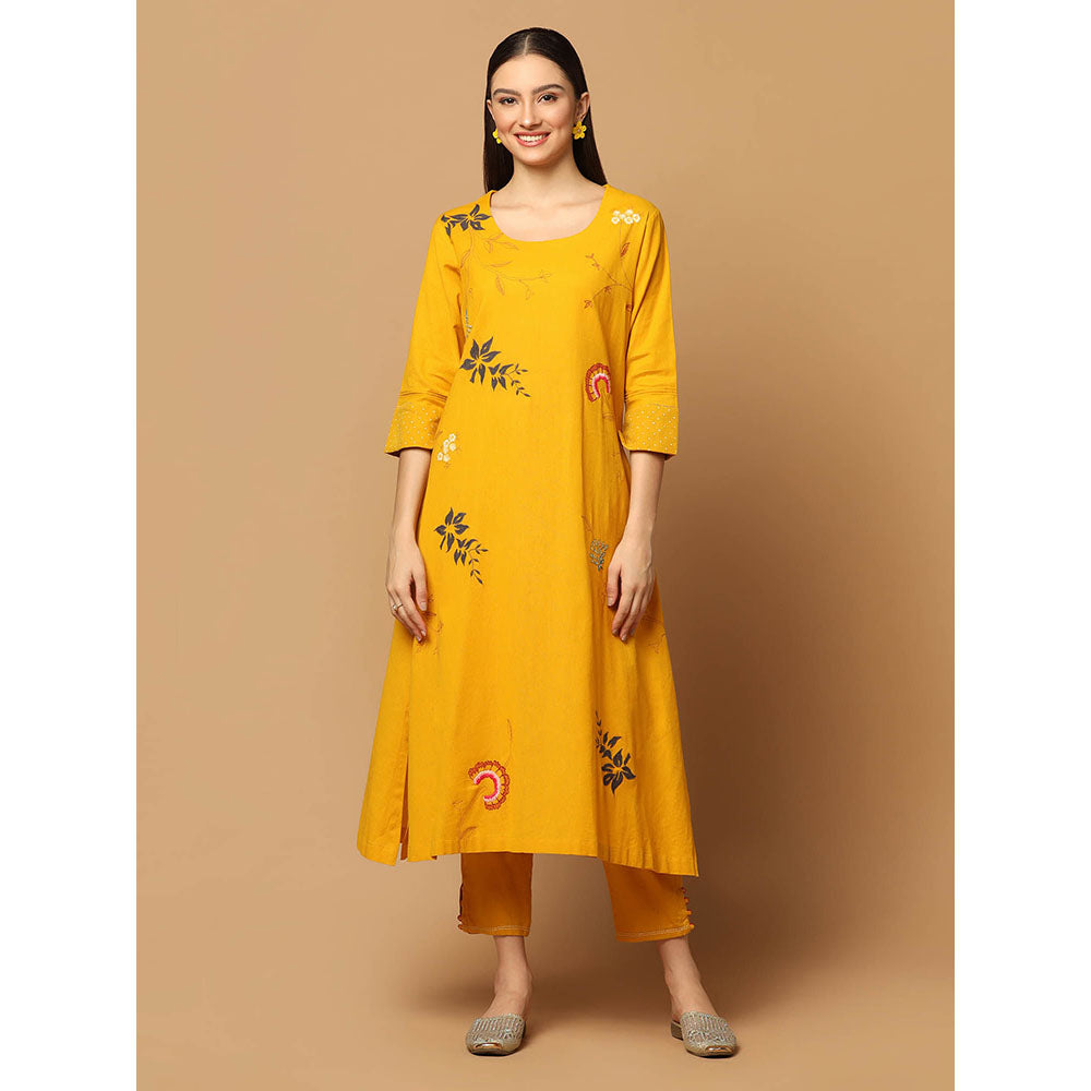"Two Sisters" by Gyans Mustard Applique Kurta with Pant and Dupatta (Set of 3)