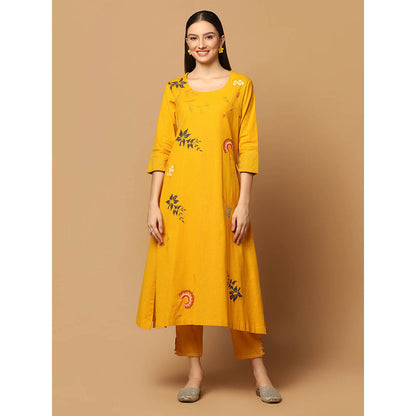 "Two Sisters" by Gyans Mustard Applique Kurta with Pant and Dupatta (Set of 3)