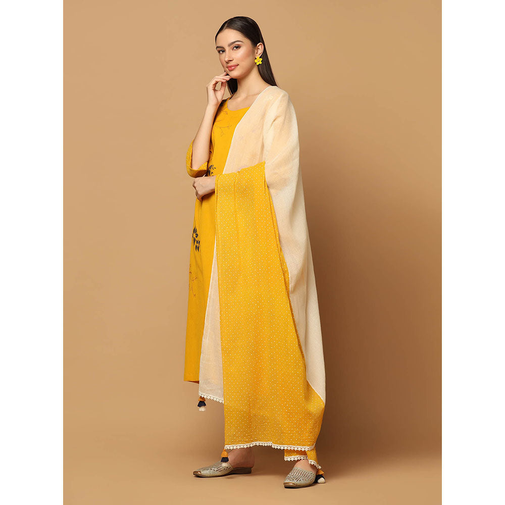 "Two Sisters" by Gyans Mustard Applique Kurta with Pant and Dupatta (Set of 3)