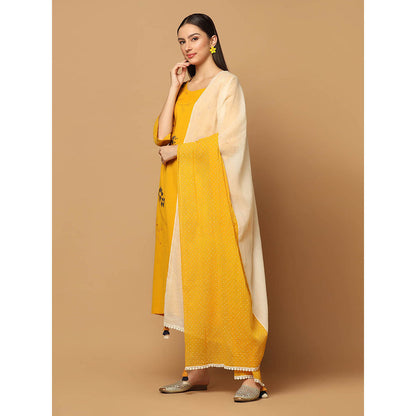 "Two Sisters" by Gyans Mustard Applique Kurta with Pant and Dupatta (Set of 3)