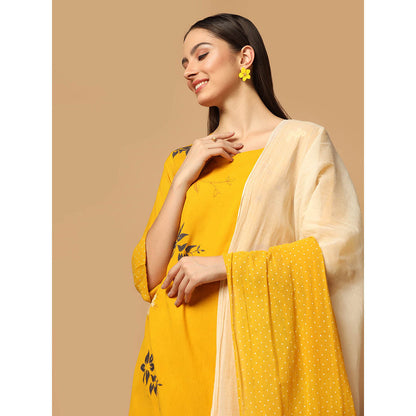 "Two Sisters" by Gyans Mustard Applique Kurta with Pant and Dupatta (Set of 3)