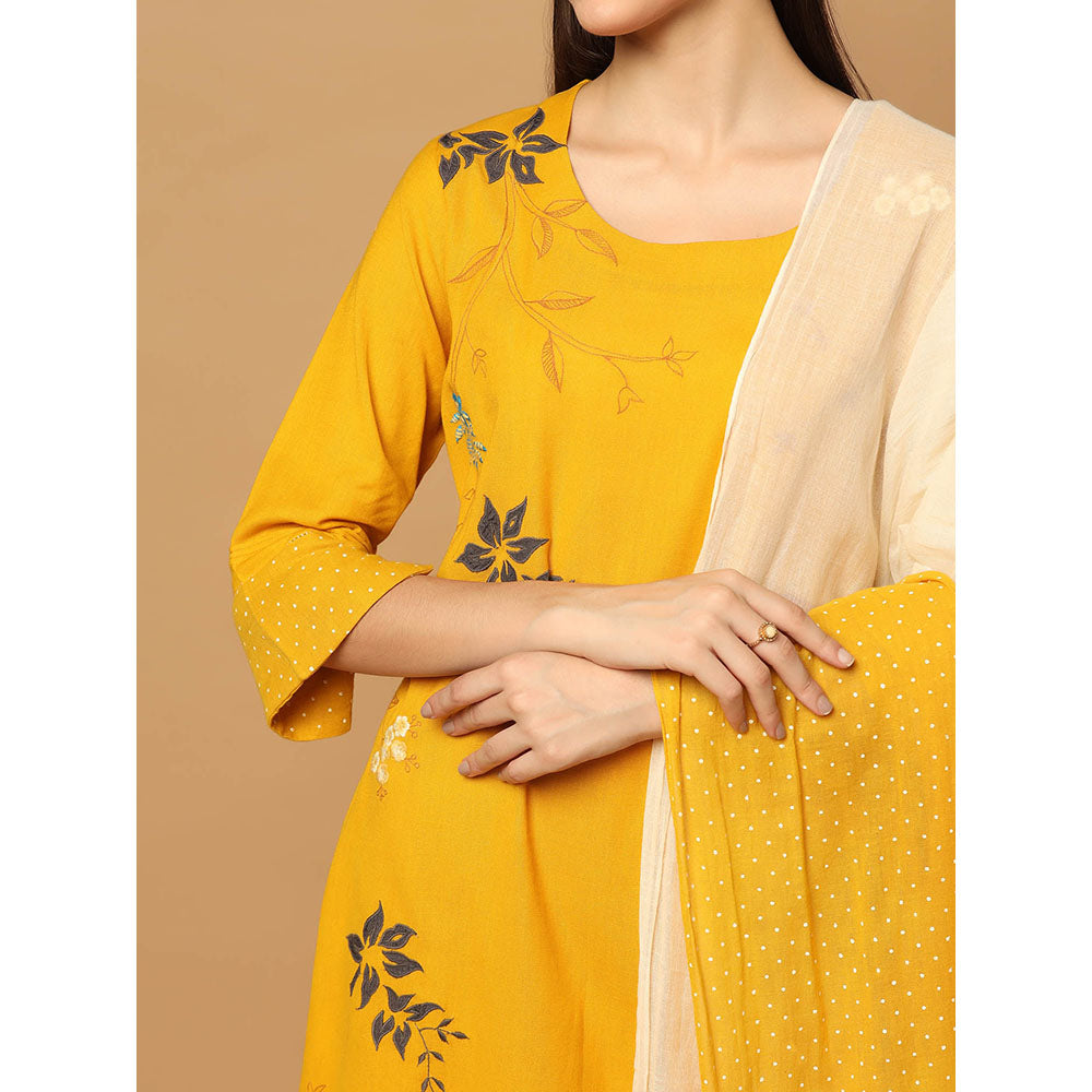 "Two Sisters" by Gyans Mustard Applique Kurta with Pant and Dupatta (Set of 3)