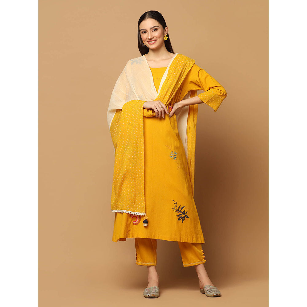 "Two Sisters" by Gyans Mustard Applique Kurta with Pant and Dupatta (Set of 3)