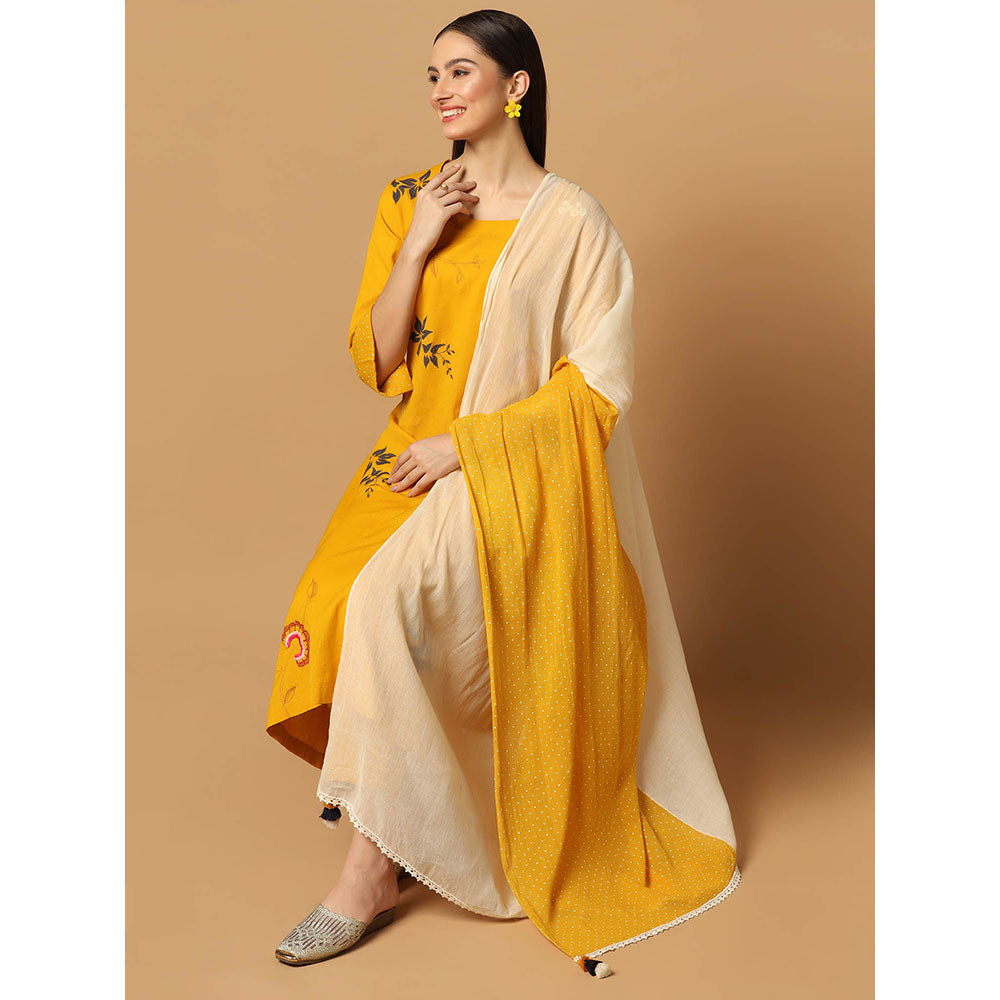 "Two Sisters" by Gyans Mustard Applique Kurta with Pant and Dupatta (Set of 3)
