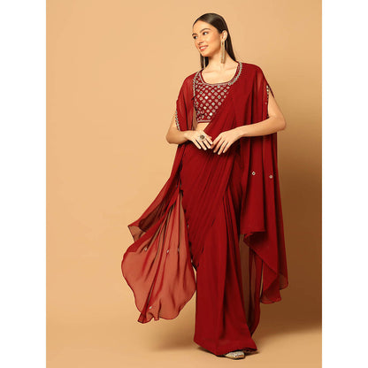 "Two Sisters" by Gyans Maroon Draped Saree with Stitched Blouse and Cape