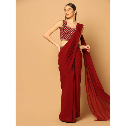 "Two Sisters" by Gyans Maroon Draped Saree with Stitched Blouse and Cape