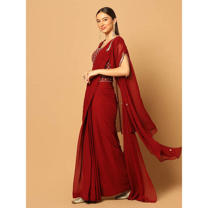 "Two Sisters" by Gyans Maroon Draped Saree with Stitched Blouse and Cape