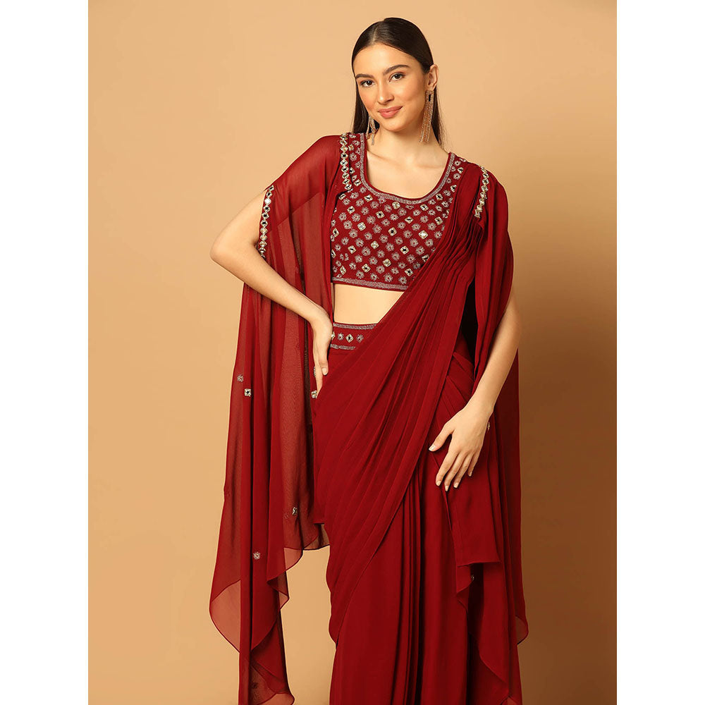 "Two Sisters" by Gyans Maroon Draped Saree with Stitched Blouse and Cape