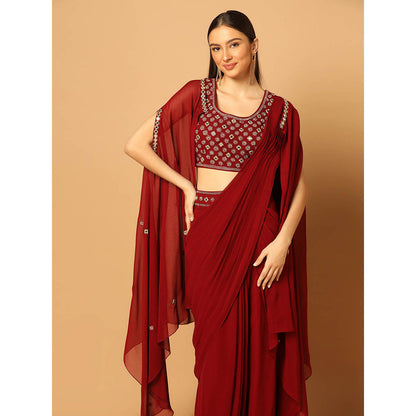 "Two Sisters" by Gyans Maroon Draped Saree with Stitched Blouse and Cape