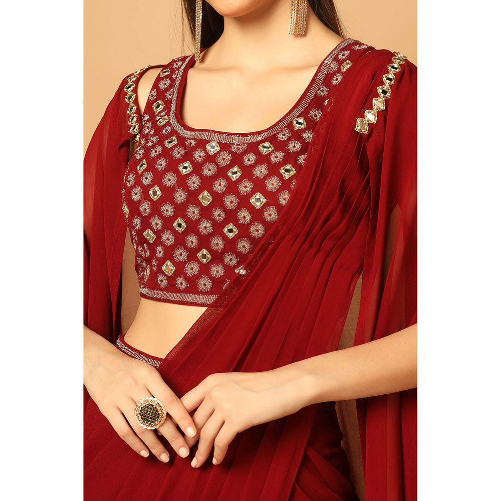 "Two Sisters" by Gyans Maroon Draped Saree with Stitched Blouse and Cape