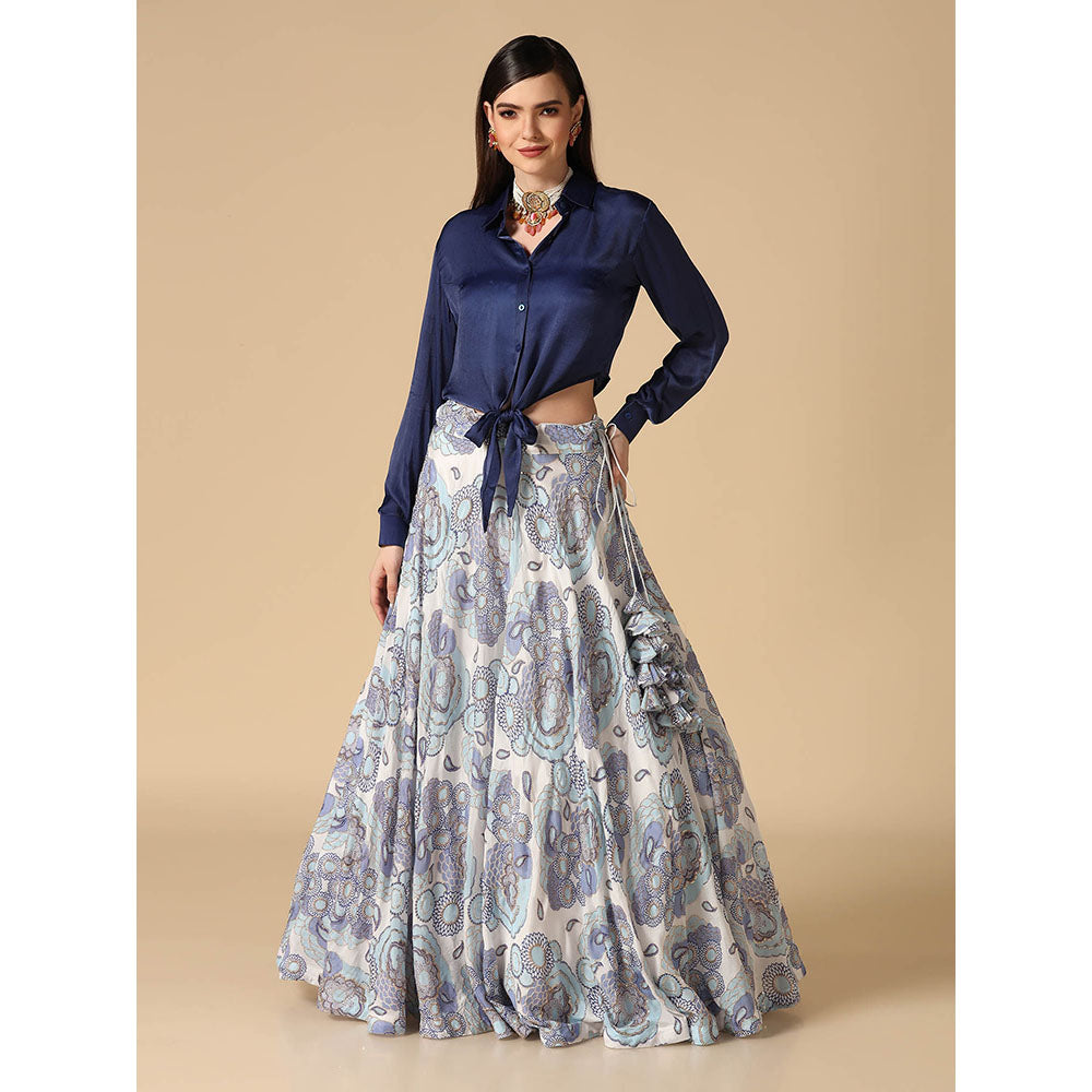 "Two Sisters" by Gyans Blue Shirt with Printed Lehenga (Set of 2)