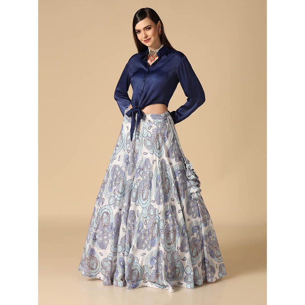 "Two Sisters" by Gyans Blue Shirt with Printed Lehenga (Set of 2)