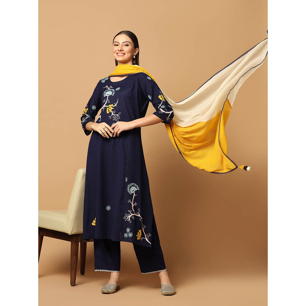 "Two Sisters" by Gyans Navy Blue Kurta with Pant and Dupatta (Set of 3)